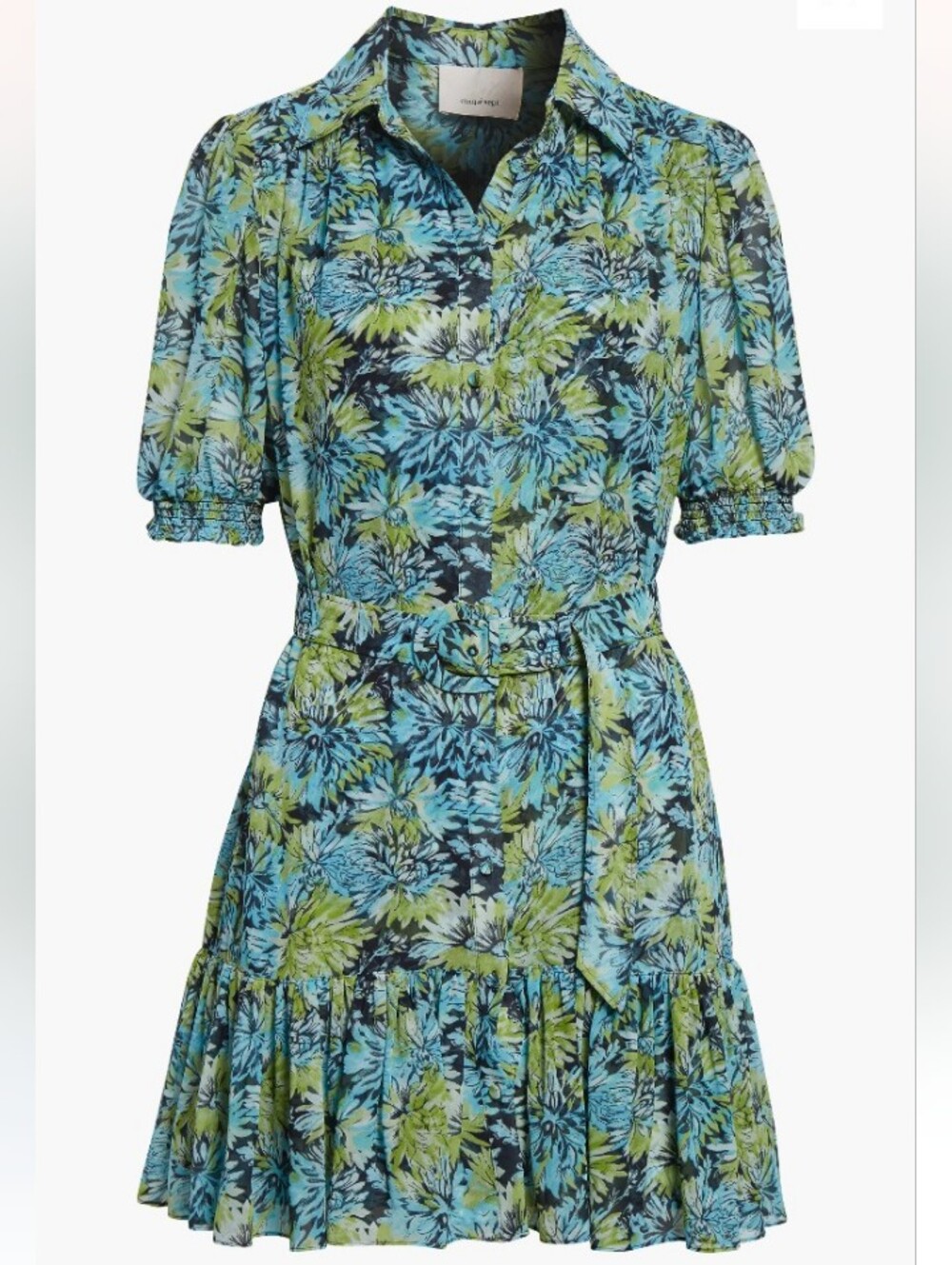 cinq a sept Halbini Dahlia Print Puff Sleeve Belted Shirt Dress